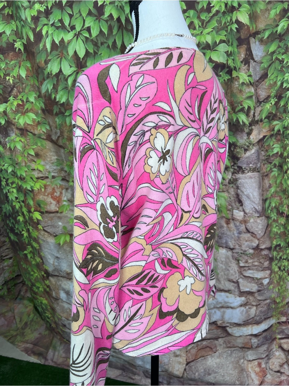 KINROSS Pink Floral Pattern 100% Cashmere Luxury Mod Crewneck Sweater, L - Picture 6 of 11